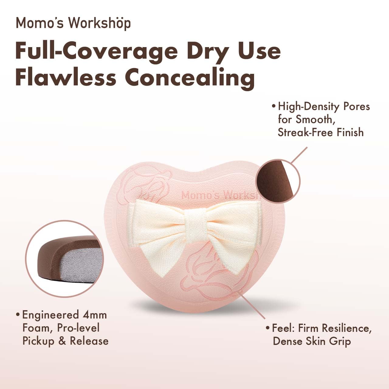 Heart-Shaped Makeup Sponge,Firm Bounce Rubycell, Foundation Sponge with Bow Tie Strap, for Precision Blending of Concealer/Cream Products, 3-Colors,Travel Friendly & Reusable & Storage Case-Velvo Beauty