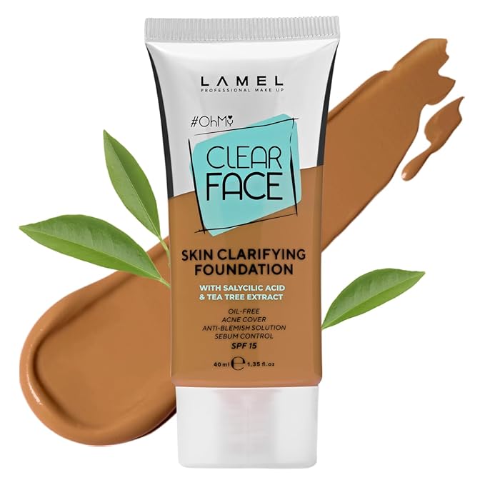 Lamel- Oh my Clear Face Foundation- SPF15-407 Meiduim Tan | Contains tea tree extract and salicylic acid |Controls sebum production |Anti-blemish formula |SPF 15 |Oil free foundation | 40ml-Velvo Beauty