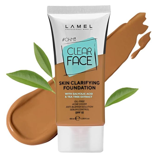 Lamel- Oh my Clear Face Foundation- SPF15-407 Meiduim Tan | Contains tea tree extract and salicylic acid |Controls sebum production |Anti-blemish formula |SPF 15 |Oil free foundation | 40ml-Velvo Beauty