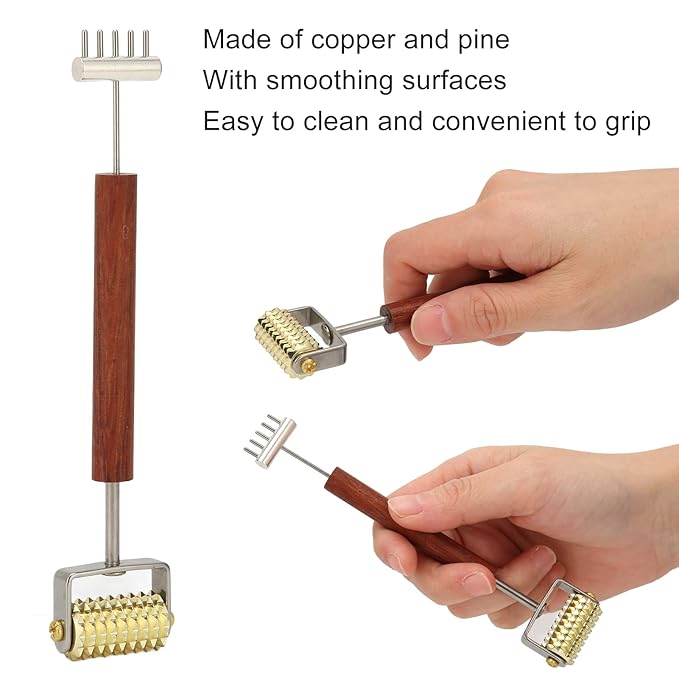 Double Head Design Face Massage Roller, Copper Wooden Handle Promote Circulation Double Head Skin Roller Massage Stick Copper Acupoint Pressing Tool-Velvo Beauty