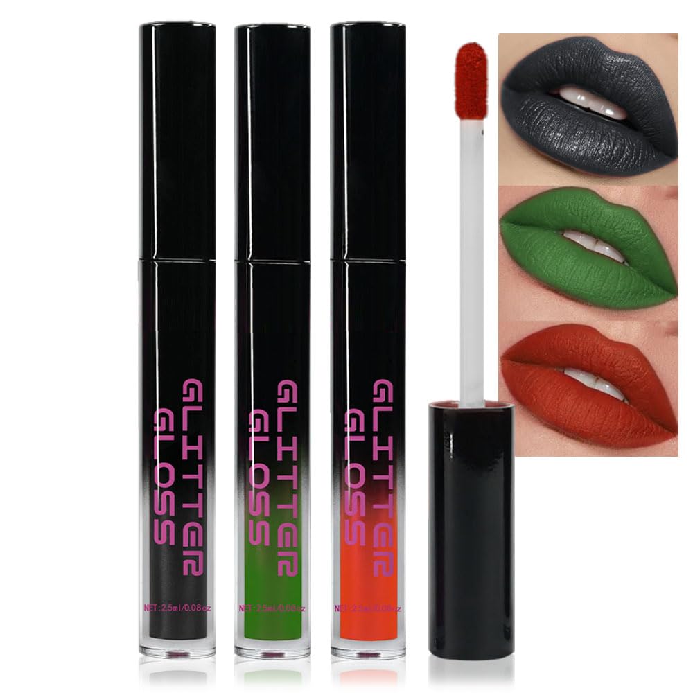Gray Black Green Red Metallic Lipstick for Women,Glitter Sparkling Liquid Lipstick,Long Lasting Waterproof Lightweight Non-Drying Bold Dark Lip Gloss for Gothic Stage Makeup,Vegan-Velvo Beauty
