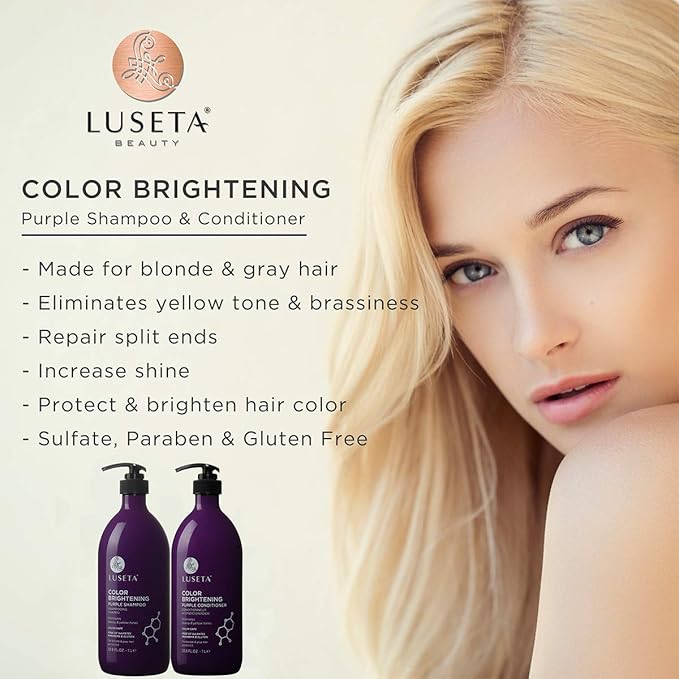 L LUSETA Color Brightening Purple Shampoo and Conditioner Set for Blonde and Gray Hair, Infused with Cocos Nucifera Oil to Help Nourish, Moisturize and Condition Hair, 2x33.8oz-Velvo Beauty