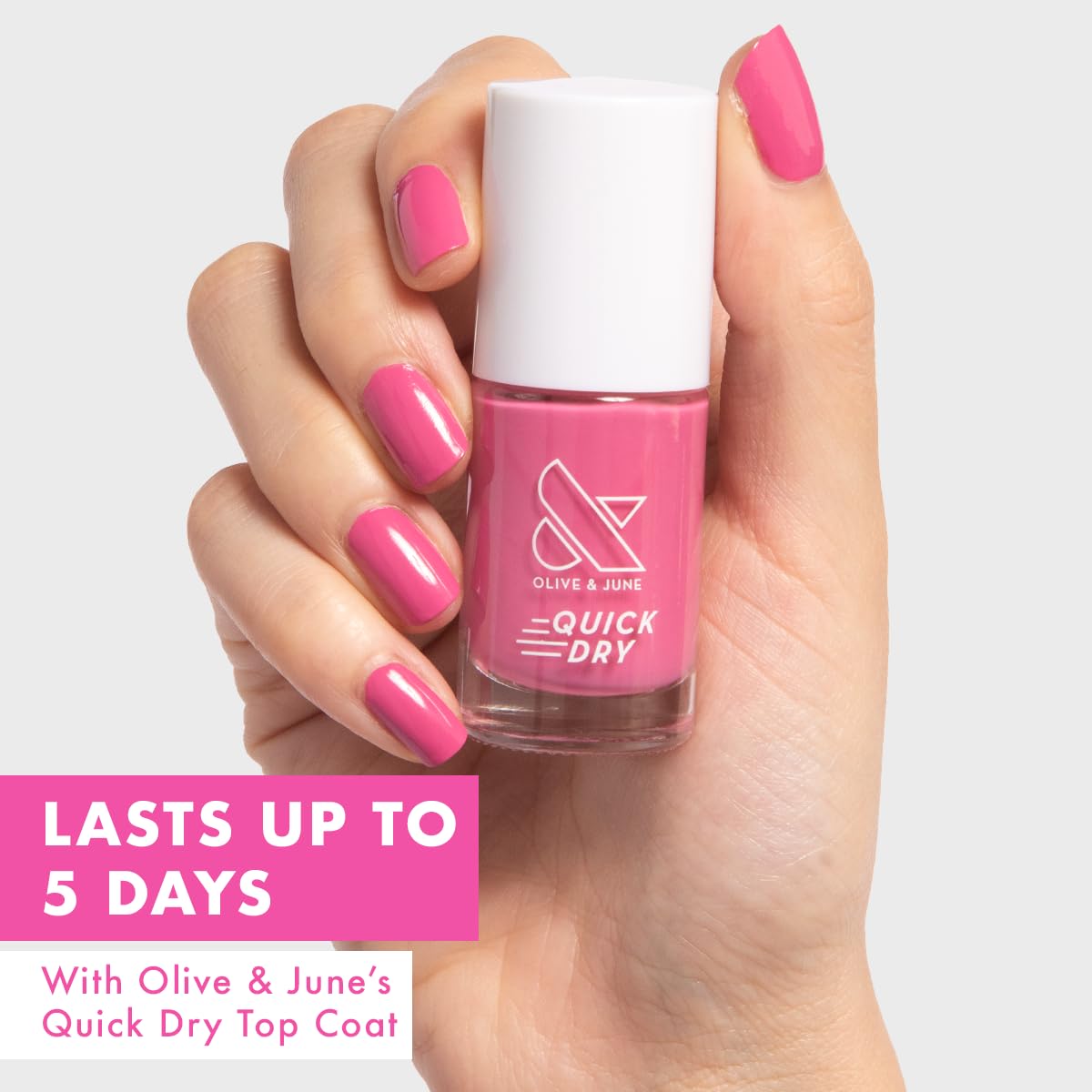 Olive & June Quick Dry Nail Polish | Instant Fast-Drying, Smudgeproof Color | 15-free, Vegan, Cruelty-Free Formula | Lasts up to 5 Days | Salon-Quality Manicure, Pedicure at Home | Prom Magenta Pink-Velvo Beauty