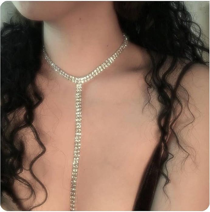 Boho Rhinestone Crystal Y Necklace Tennis Chain Y Lariat Necklace Long Gold CZ Drop Chain Necklace Sparkle Party Nightclub Necklace Chain Jewelry for Women and Girls-Velvo Beauty