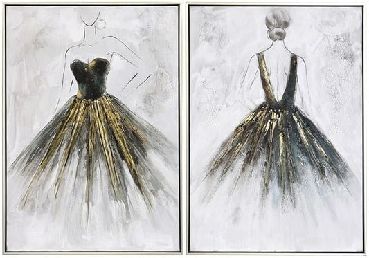 Ballet Lady - Hand Painted Canvas - Muted Color Palette - Silver, Black Frame - Set of 2-Velvo Beauty