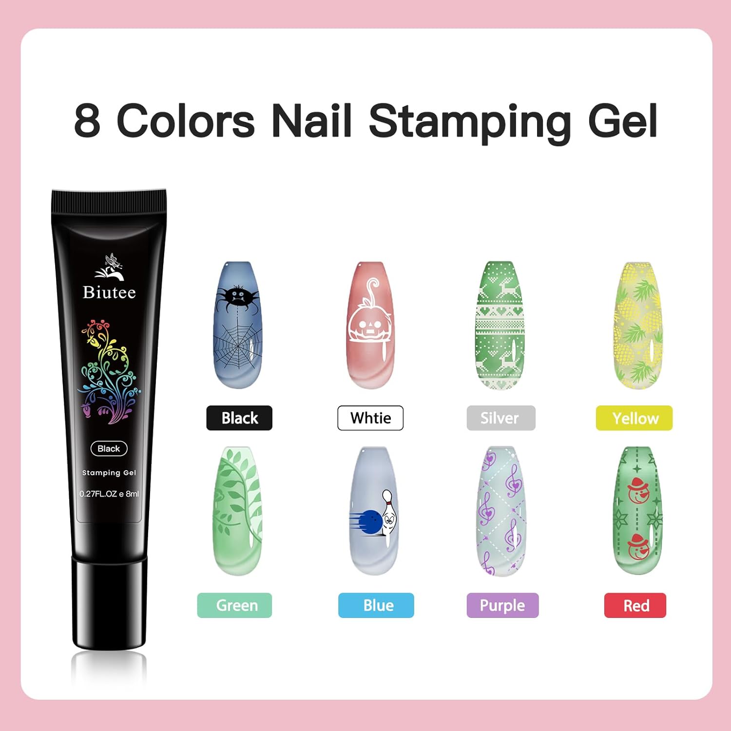 Biutee Nail Stamping Plates 8PCS Nail Stamping Polish Gel and Nail Stamper Kit 10 PCS Nail Art Stamper Plates, French Flower Leaves Animal Lace Halloween Design (10 PCS Plates With 8 PCS Gel)-Velvo Beauty