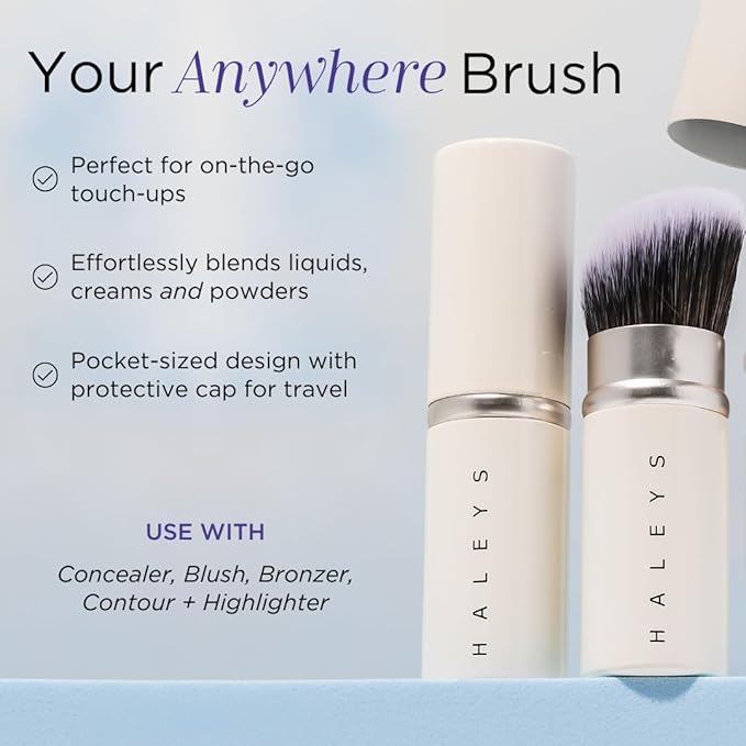 HALEYS Retractable Face Brush, VEGAN Dense, Angled Bristles & Adjustable Sleeve, Portable Makeup Brush for Quick, Easy Streak-Free Blending of Liquids, Creams, Powders, Travel-friendly Mess-Free Cap-Velvo Beauty