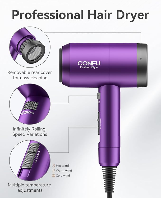 Hair Dryer with Diffuser, CONFU Ionic Blow Dryer 1600W, Portable Lightweight Fast Drying Negative Ion Hairdryer, 3 Heat Settings with Diffuser and Concentrator Nozzle for Home & Travel-Velvo Beauty