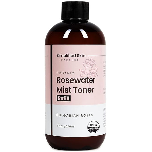 Rose Water Spray for Face & Hair (Refill) - Organic USDA Certified Rosewater Facial Toner - Alcohol-Free Makeup Setting Hydrating Face Mist - Anti-Aging Toner Spray - 8 Fl Oz-Velvo Beauty