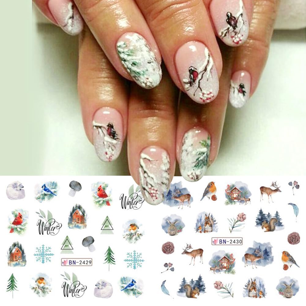 Christmas Nail Art Stickers Snowflake Water Transfer Nail Decals Winter Snow Flake Elk Cold Ice Bear Tree Nail Design Stickers for Nail Art Acrylic Watermark Nail Foils for Christmas Nail Decor 12Pcs-Velvo Beauty