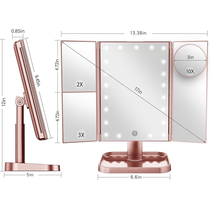 HUONUL Makeup Mirror, 10X 3X 2X Magnification, Lighted Makeup Mirror, Touch Control, Dual Power Supply, Portable LED Mirror, Women Gift (Rose Gold)-Velvo Beauty