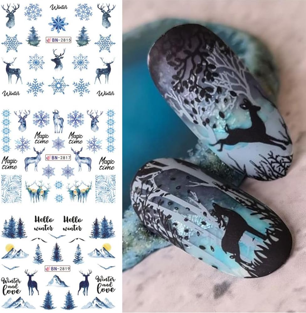 12 Sheets Snowflake Nail Art Stickers Water Transfer Nail Decals Christmas Nail Art Decorations Blue Snowflake Elk Santa Tree Bear Cute Winter Pattern Watermark Nail Stickers for Women DIY Nail Supply-Velvo Beauty