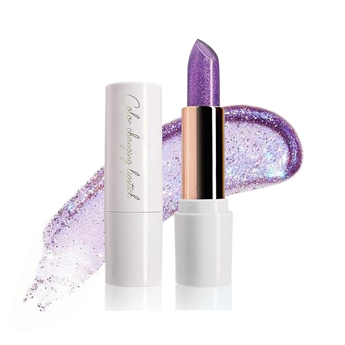 Purple Shimmer Lipstick,Ph Mood Magic Color Changing Lip Balm Plumping Glimmer Glow Lipstick Hydrating Lip Glow Oil Lasting Tinted Lip Balm Moisturizing Lips Care Temperature Jelly Lipstick(5#)-Velvo Beauty