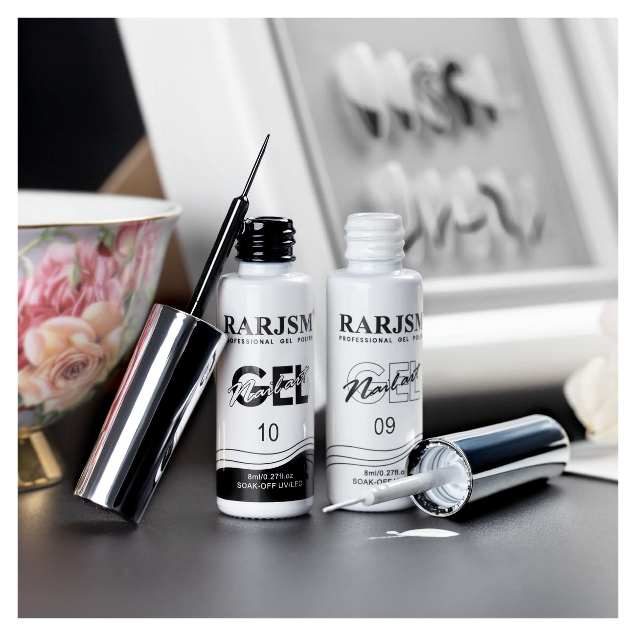 RARJSM Nail Art Gel,Liner Gel Polish,Black White Nail Design Polish Painted GelNailPolish Set 2Pcs Soak off Curing Requires 8ml Build in Thin Brush for Home Salon Diy Nails French Manicure Painting-Velvo Beauty