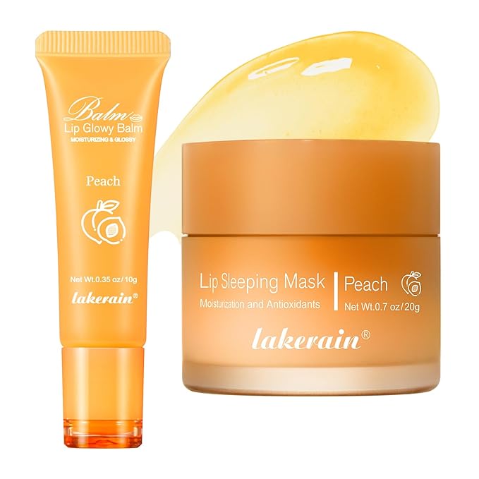 2Pcs Lip Glowy Balm and Lip Sleeping Mask Set, with 4 Flavor Options - Reduce Lip Lines, Enhance Lip Color, Hydrate & Plump Dry Chapped Lips Care (Peach)-Velvo Beauty