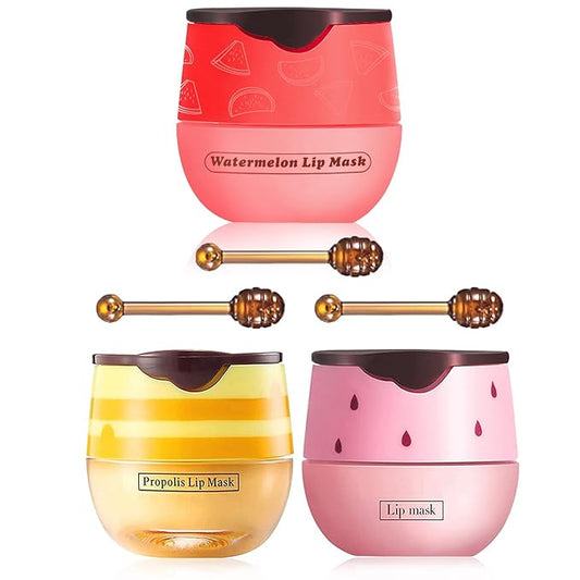 3 PCS Bee Lip Balm Honey Pot, Exfoliating Honey Strawberry Watermelon Lip Mask Overnight with Built-In Brush, Hydrating Prevention Dry and Crack Lip Scrubs Exfoliator Lip Wrinkle Care-Velvo Beauty