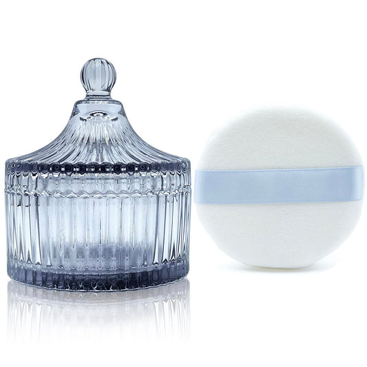 Ultra Soft Powder Puff and Container 3.3" High Density Velvet Dusting Washable Reusable Powder Puff,Body Powder Puff and Glass Jar Holder Loose Powder Box with Puff for Face Makeup(Gray)-Velvo Beauty