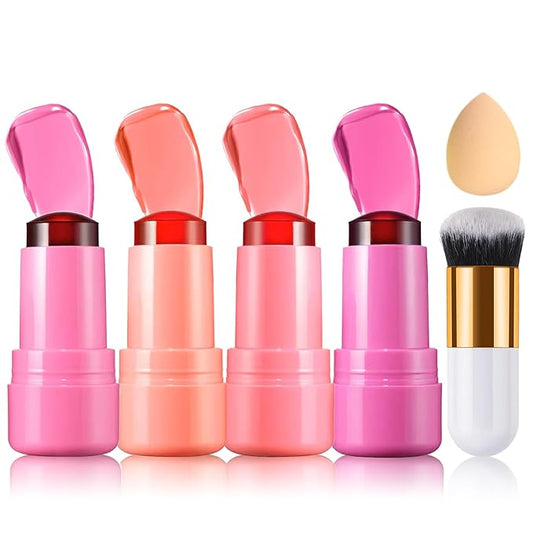 4PCS Cooling Water Jelly Tint Blush Stick for Cheeks,Multi-use Jelly Lip and Cheek Tint Stain,Moisturizing Natural Jelly Blush Stick,Buildable Watercolor Finish - Cruelty Free-Velvo Beauty
