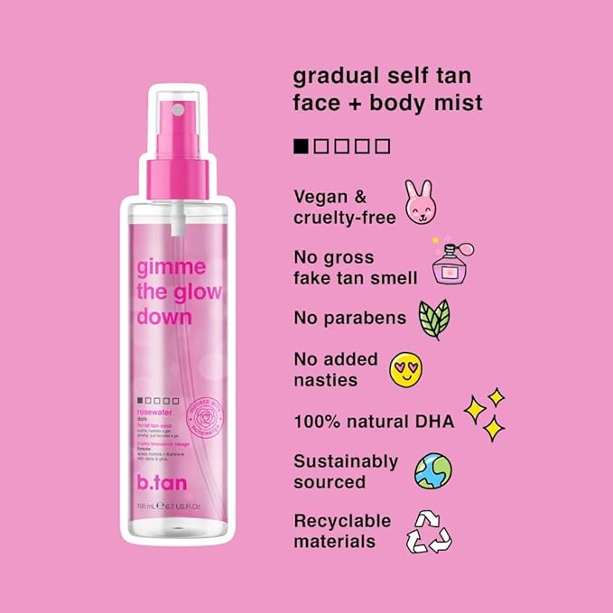 b.tan Clear Face Tan Mist | Gimme The Glow Down - Best Facial Tanner Spray, Gradual Bronzing Sunless Tanning Water, Infused with Rosewater, Vegan, Cruelty Free, 6.7 Fl Oz-Velvo Beauty