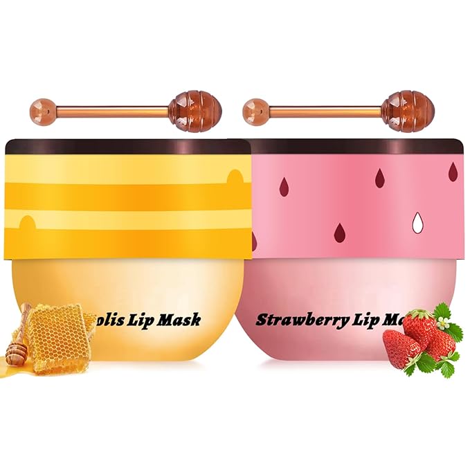 2PCS Bee Lip Balm Honey Pot, Honey Strawberry Lip balm Lip Mask with Stick, Moisturizing Lip Sleeping Mask Day & Night Lip Care - Hydrate Repair Prevent Dry Cracked Exfoliate (Honey & Strawberry)-Velvo Beauty