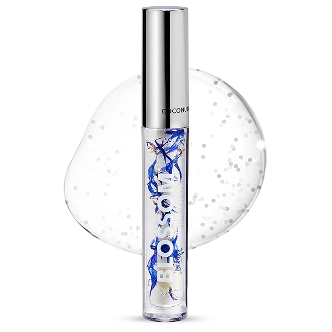 Blossom Moisturizing and Hydrating Shimmer Sparkle Lip Oil with Olive Oil + Grape Seed Oil, Infused with Real Flowers, 3g, Coconut-Velvo Beauty