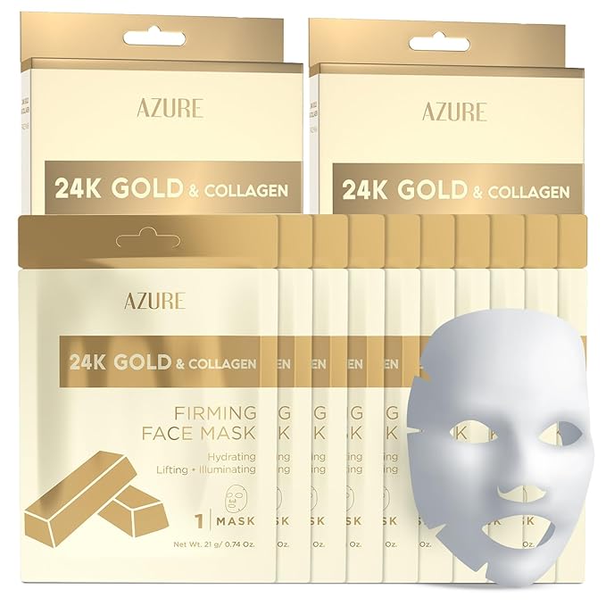 AZURE 24K Gold Firming Face Mask- Anti Aging, Hydrating, Toning & Firming Facial Sheet Mask - Helps Reduce Wrinkles & Fine Lines - With Hyaluronic Acid & Collagen - Skin Care Made in Korea - 10 Pack-Velvo Beauty