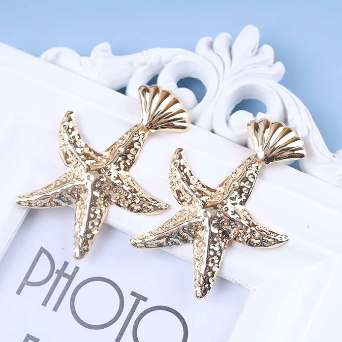 Vintage Starfish Dangle Earrings Starfish Drop Earrings Gold Metal Seashell Stud Earrings Hammered Starfish Earrings Jewelry for Women-Velvo Beauty