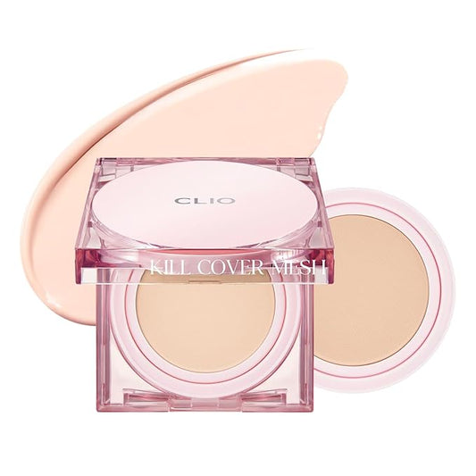 CLIO Kill Cover Mesh Glow Cushion Foundation ([Refill Included] 15g*2, 21C LINGERIE), Glass Skin, Long-Lasting, Lightweight, Buildable Coverage, Glowy Skin Makeup-Velvo Beauty