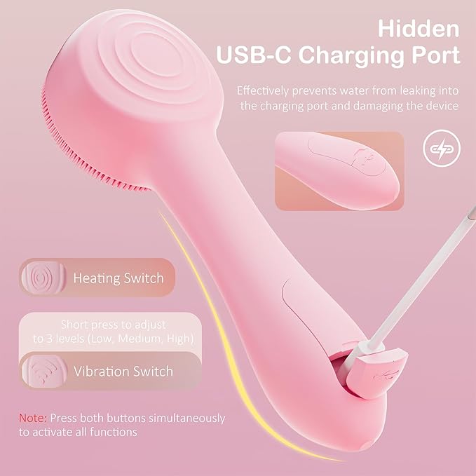 Facial Cleansing Brush Silicone Face Scrubber Waterproof Rechargeable Exfoliator Massage Device for Men & Women, Deep Pore Cleansing, Exfoliating, Removing Blackhead Electric Face Scrub Brush (Pink)-Velvo Beauty