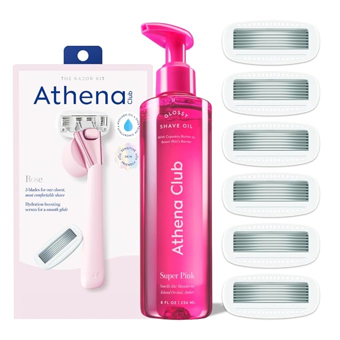 Women's Razor Shave Kit, 1 Rose Razor Handle + 6 Blade Refills + Super Pink Glossy Shave Oil-Velvo Beauty