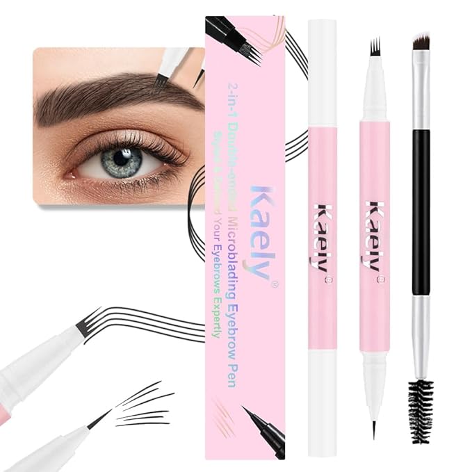 evpct 1Pcs Black Brown Magic Microblading Dual-Ended Eyebrow Contouring Pen Brow Pencil, with 4 Brush Micro-Fork-Tips Applicator and Precise Brush-Tip Hair Like Strokes, Dual-ended Eyebrow Brush-Velvo Beauty