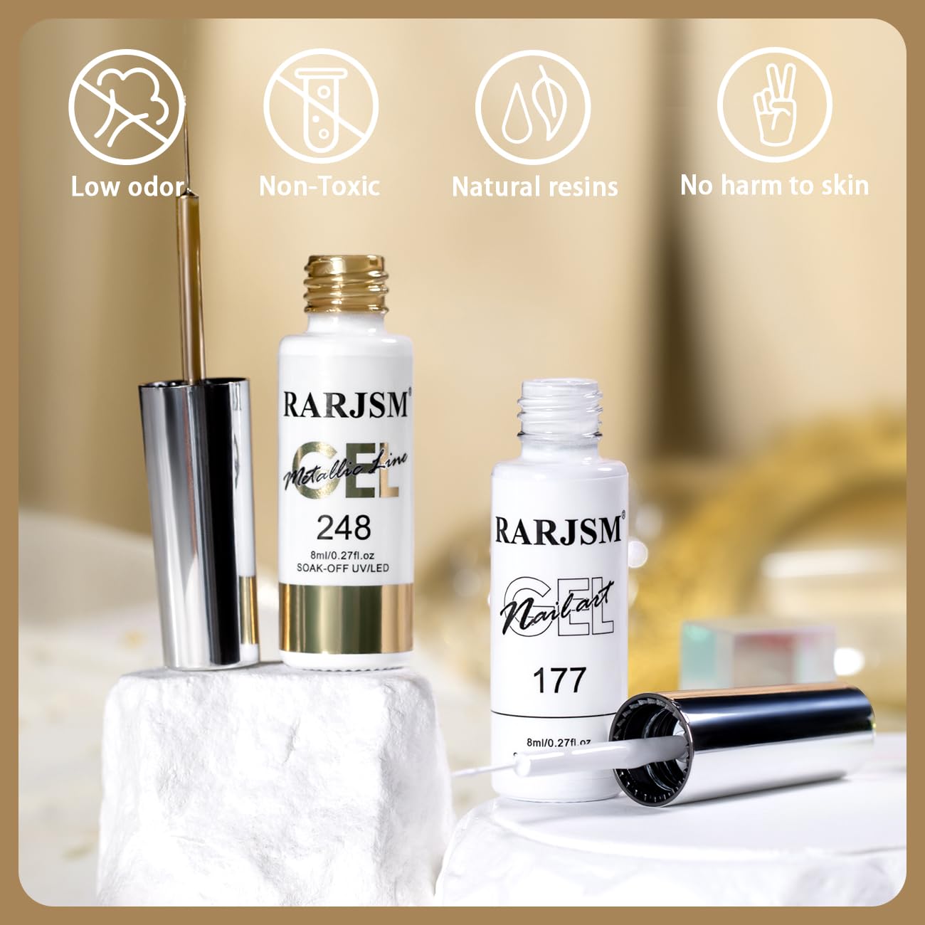 RARJSM Nail Art Gel Liner Metallic Bronze Gold and White 2pcs Set Mirror Chrome 3D Effect Gel Nail Polish 8ml Build in Thin Brush Swirl Drawing Stripper Gelpolish Curing Requires for Home Salon-Velvo Beauty