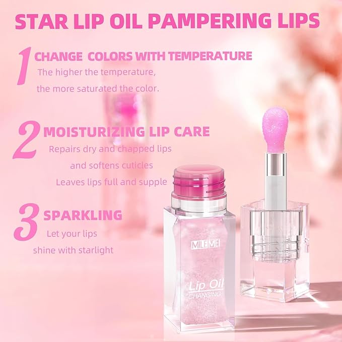 2PCS/Set MILEMEI Color Changing Lip Oil Magic Moisturizing, Big Brush Plumping Lip Oil, Plumping Glimmer Glow-Velvo Beauty