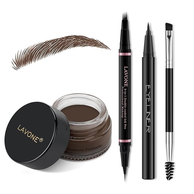 Eyebrow Pencil Makeup Kit, with Waterproof 2-IN-1 Microblading Eyebrow Pen, Eyebrow Pomade, Eyeliner and Dual-ended Eyebrow Brush, Brow Pencil Kit for Natural Eyebrows - Dark Brunette-Velvo Beauty