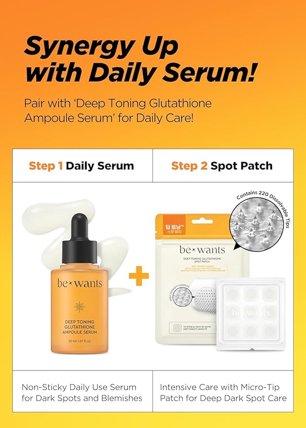 [K-Beauty] Bewants Deep Toning Glutathione Ampoule Serum | Korean Skincare with Vitamin C & Calendula Extract, 1.01 fl.oz & Bewants Deep Toning Glutathione Spot Patch-Velvo Beauty