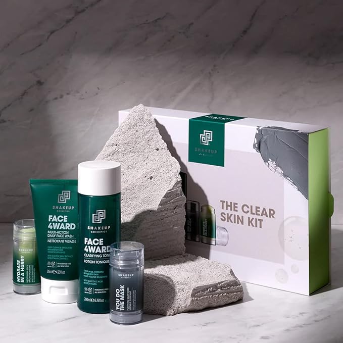 Shakeup - 4-Piece Clear Skin Kit, Mens Skincare Gift Set, Targets Blemishes, Daily Face Wash, Clarifying Toner, Purifying Mask & Moisturiser Stick-Velvo Beauty