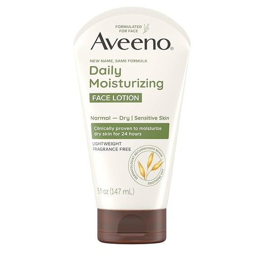 Aveeno Daily Moisturizing Face Lotion with Soothing Prebiotic Oat, Lightweight Non-Greasy Facial Moisturizer for Normal to Dry, Sensitive Skin, 24-Hour Moisture, Fragrance-Free, 5 oz-Velvo Beauty