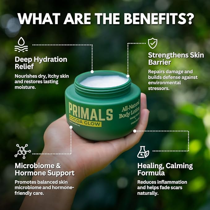 PRIMALS All Natural Body Lotion - Cocoa Butter & Mango Butter - 100% Naturally Derived Ingredients - Alcohol Free, Artificial Fragrance Free, Paraben Free, Petroleum Derivative Free - 8.45 oz-Velvo Beauty
