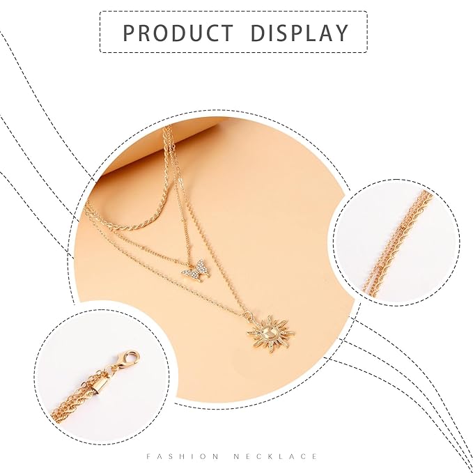 Bohemia Layered Sun Necklace Choker Crystal Butterfly Pendant Necklace Gold Rope Chain Necklace Vintage Sunflower Necklace Jewelry for Women and Girls-Velvo Beauty