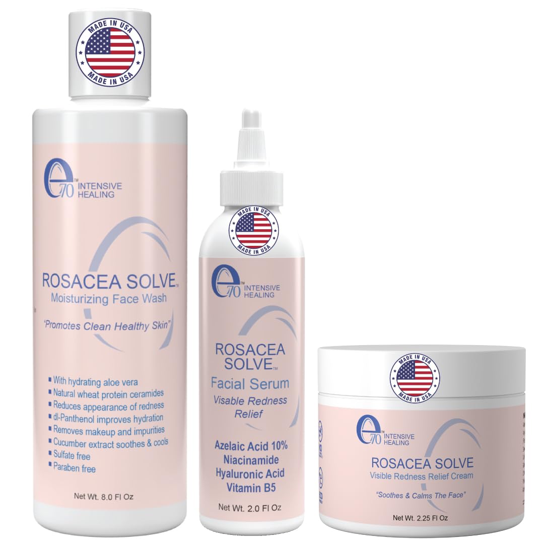Rosacea Treatment Skincare for Women & Men - Face Wash, Rosacea Cream & Face Serum, Moisturizer Redness Reducing Skin Care with Aloe Vera, Hyaluronic Acid & Fruit Extracts, Made in USA by e70-Velvo Beauty