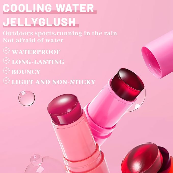 4 Pcs Jelly Blush Stick,Sheer Lip & Cheek Stain Makeup Cooling Water Jelly Tint, Multiple Use Long Lasting Jelly Texture Non-Stick Blush for Cheeks, Pigmented Waterproof Makeup Blush-Velvo Beauty