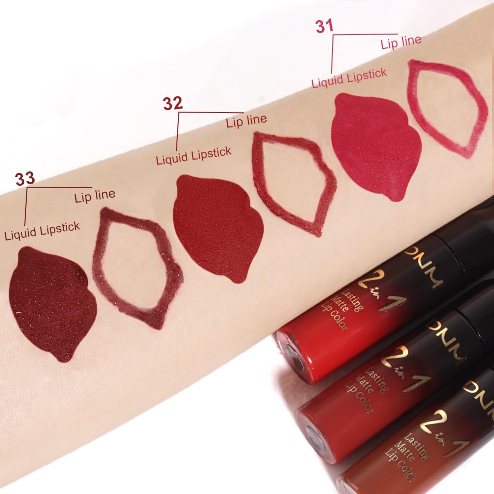 evpct 3Pcs Dark Ruby Brown Rose red Lip Stain Paint Matte Lip Liner and Lipstick Set Long Lasting labiales matte mate larga duracion listip 24 hours a prueba de agua mate 24 horas originales-Velvo Beauty