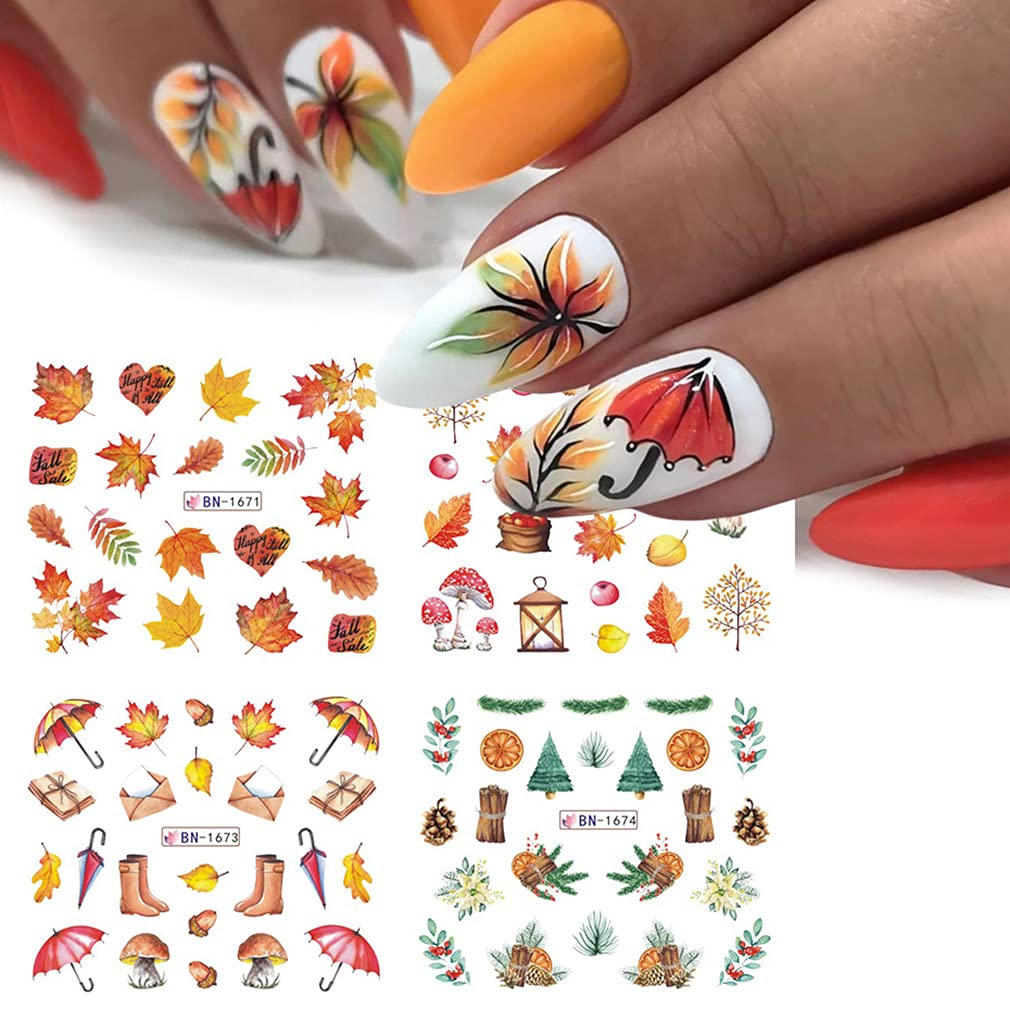 Fall Nail Art Stickers Thanksgiving Nail Decals 24 Sheets Maple Leaves Pumpkin Water Transfer Maple Leaf Turkey Pumpkin Animal Nail Design Sticker for Women Girls Fingernail Tattoos Decoration-Velvo Beauty