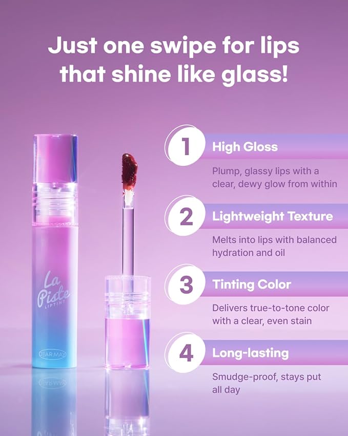 DEARMAY LA PISTE LIP TINT LP07 Falling 0.14 oz. long lasting lip stain with glossy finish and lightweight texture, non sticky, hydrating formula with no flaking and glassy vivid tint, korean makeup-Velvo Beauty