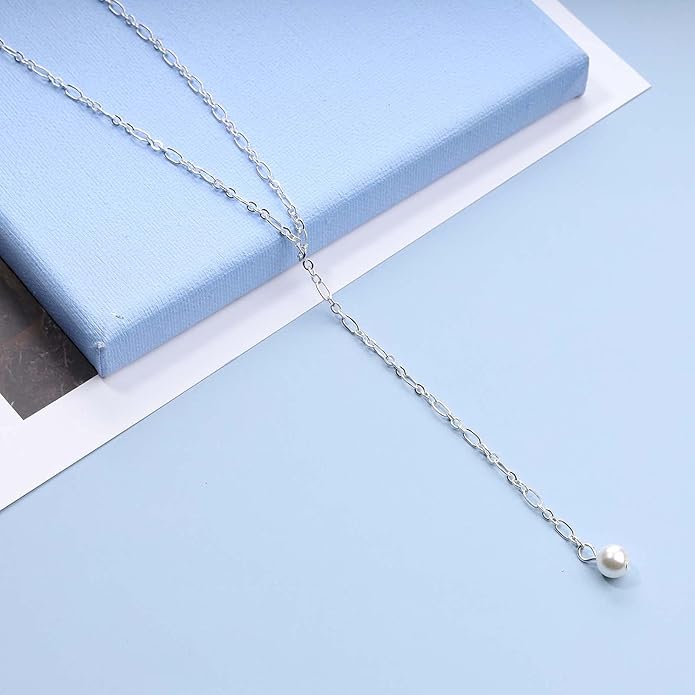 Boho Long Pearl Necklace Gold Lariat Y Necklace Choker Pearl Pendant Necklace Vintage Minimalist Necklace Chain Jewelry for Women and Girls-Velvo Beauty