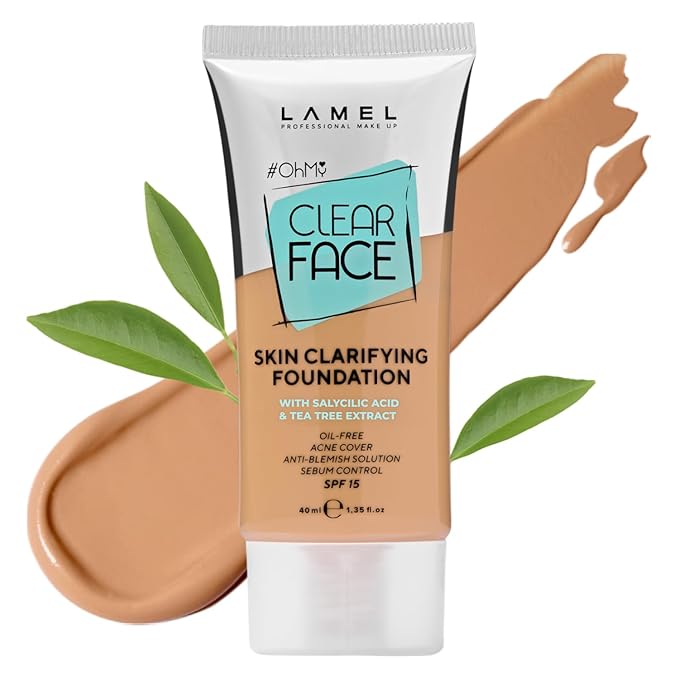 Lamel- Oh my Clear Face Foundation-405 Buff Beige | Contains tea tree extract and salicylic acid |Controls sebum production |Anti-blemish formula |Oil free foundation | 40ml-Velvo Beauty