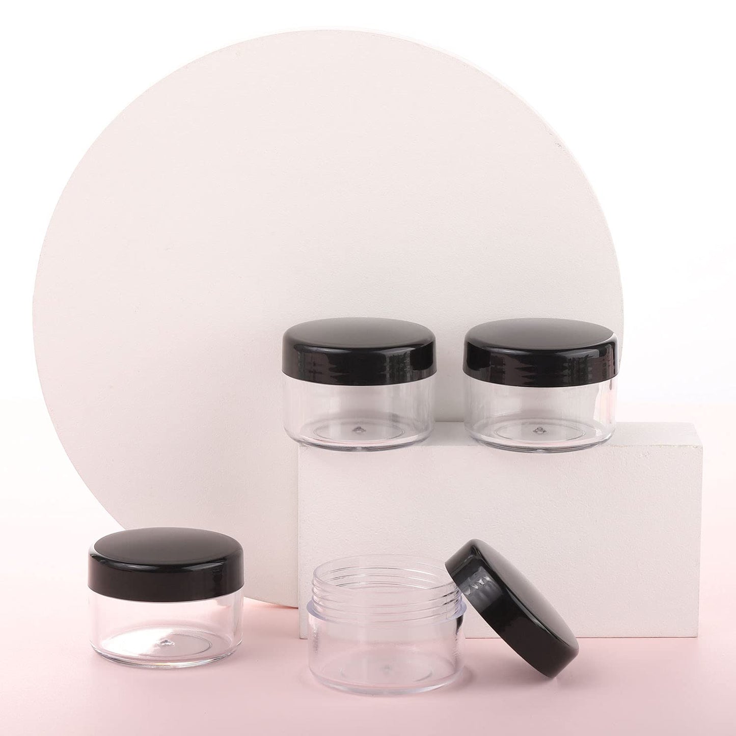 Refillable Cosmetic Sample Jars - 100 Pack 15g (0.5oz) Black Small Travel Containers with Lids + 10 Mini Makeup Spatulas - BPA Free-Velvo Beauty