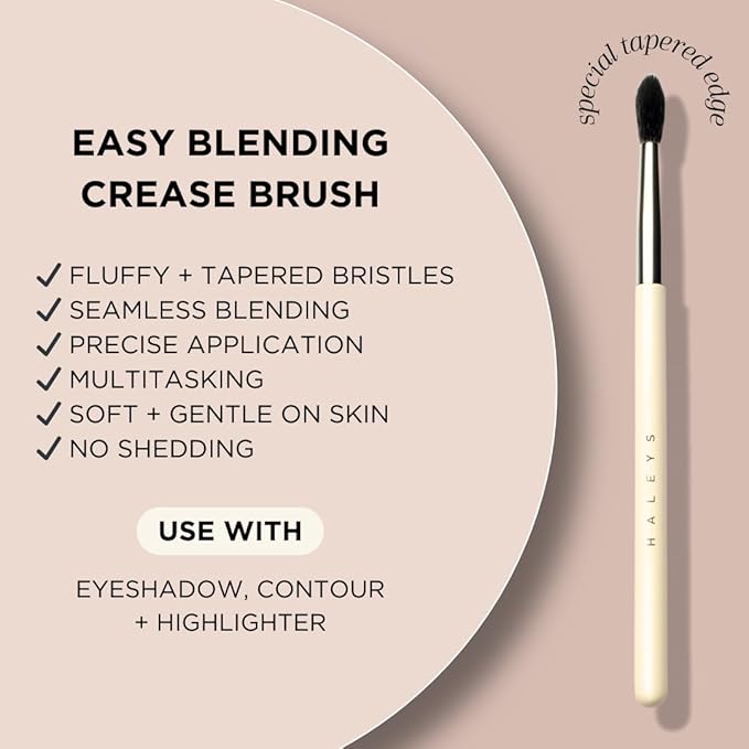 HALEYS Crease Eyeshadow Brush, Medium Fluffy Tapered Brush, Soft, Easy Blending Makeup Tool, Seamless, Multi-tasking Makeup Brush for Cream and Powder, High-end Synthetic Bristles, Vegan + CF-Velvo Beauty