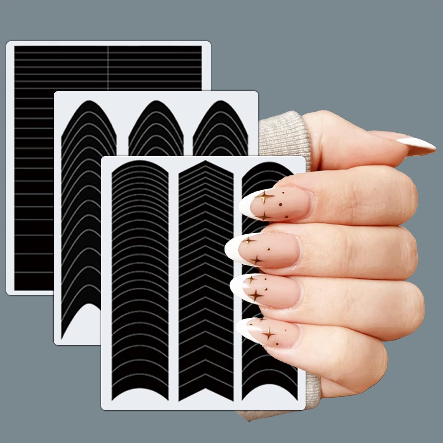 1860 Pcs French Tip Nail Guides, Self-Adhesive French V-Shaped Moon Shaped Manicure Strip Stickers for Edge Auxiliary Black DIY Decoration Stencil Tools(5 Designs, 36 Sheets)-Velvo Beauty