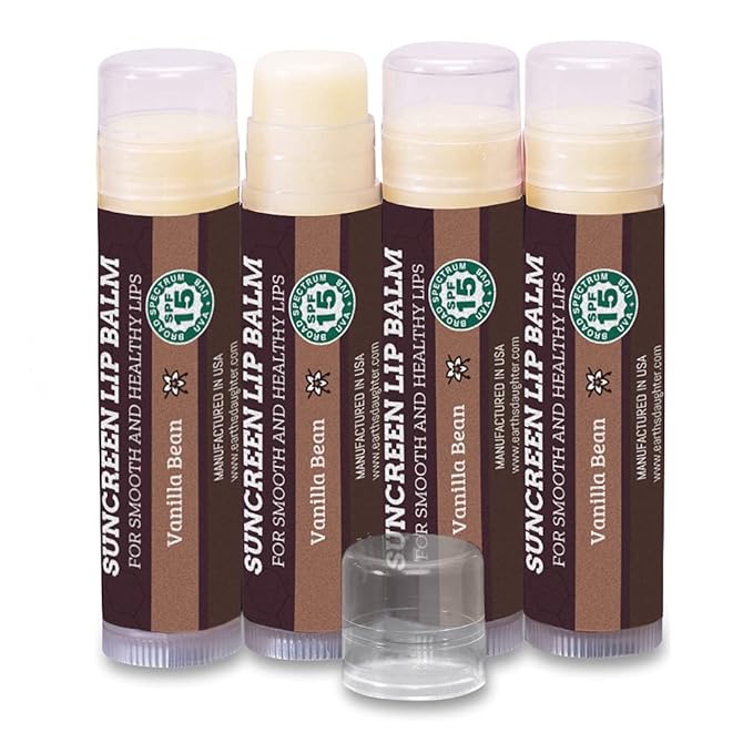 SPF Lip Balm 4-Pack by Earth's Daughter - Lip Sunscreen, SPF 15, Organic Ingredients, Vanilla Flavor, Beeswax, Coconut Oil, Vitamin E - Hypoallergenic, Paraben Free, Gluten Free-Velvo Beauty
